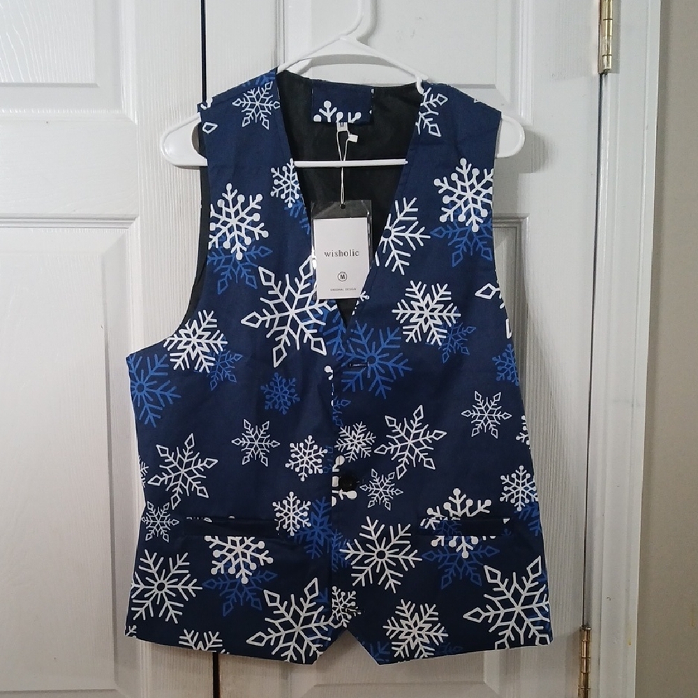 Snowflake print blue and white festive holiday winter Vest Sz M NWT